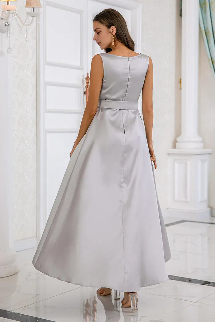 Weitese Dress Cold Shoulder Grey High-low Bodycon Party Dress Satin Solid Color Prom Dress